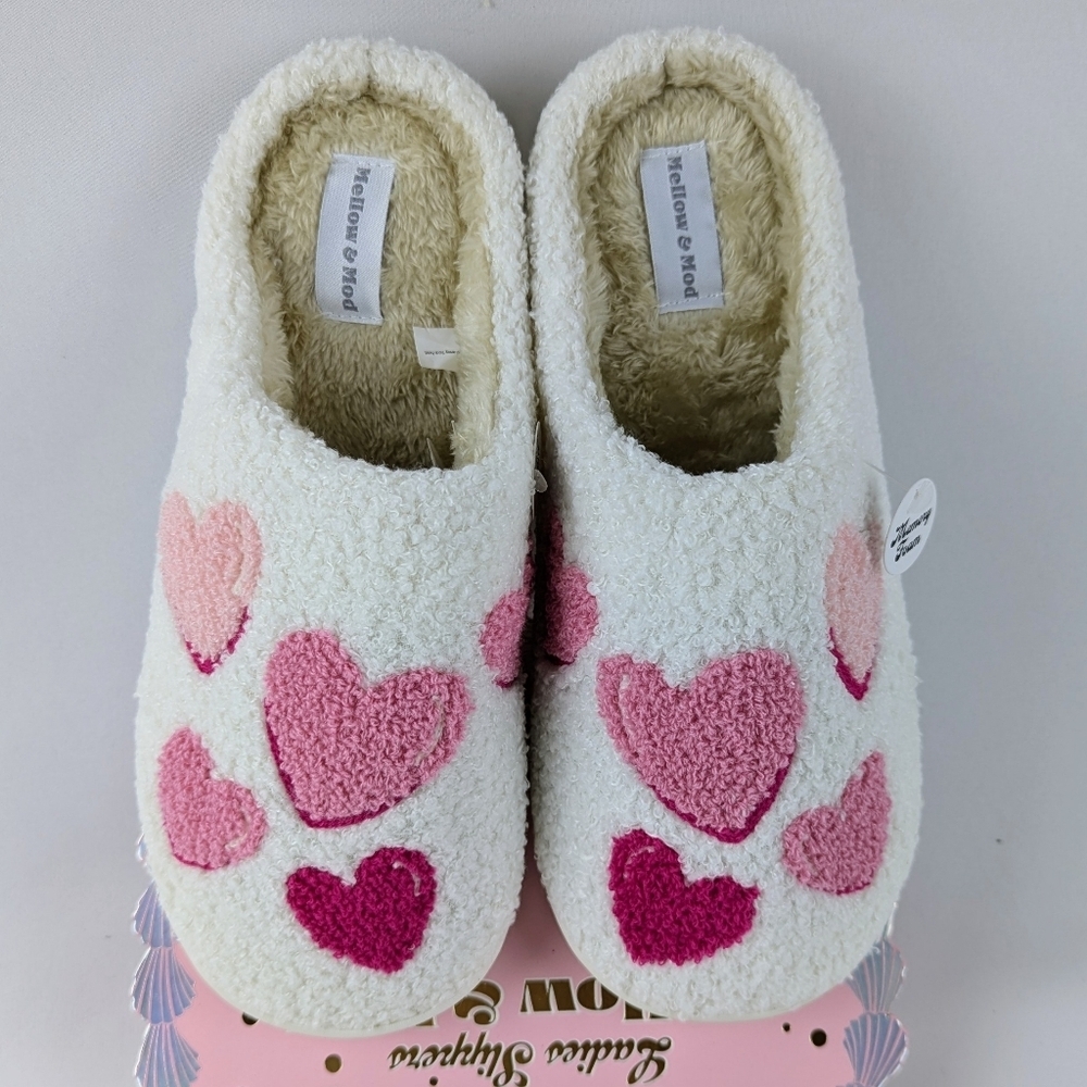Hearts Slippers Sherpa Upper Fleece Memory Foam Slip On Ivory Pink XL (9/10) NWT